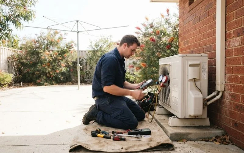 Close-up of a split-system air conditioning unit being serviced by a technician on an exterior wall in Perth