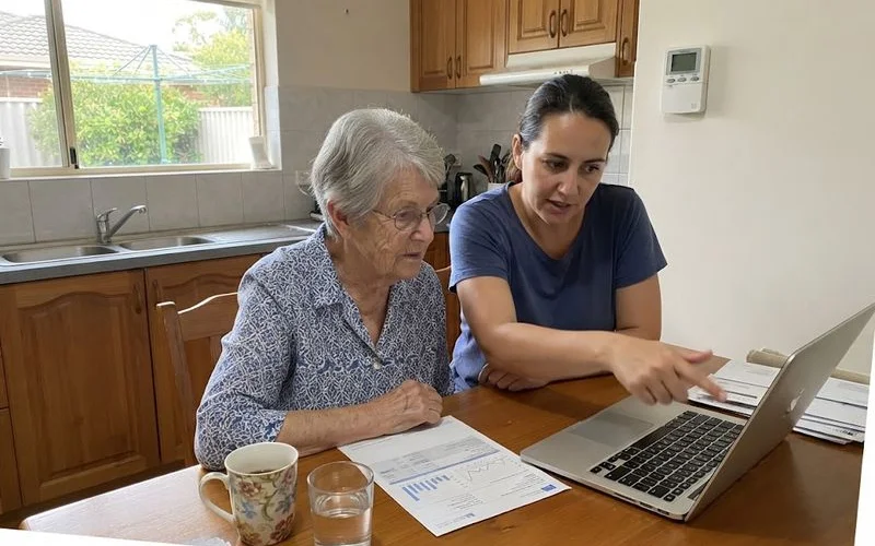 An older Perth resident sitting at a kitchen table on the phone checking eligibility for an energy bill concession scheme