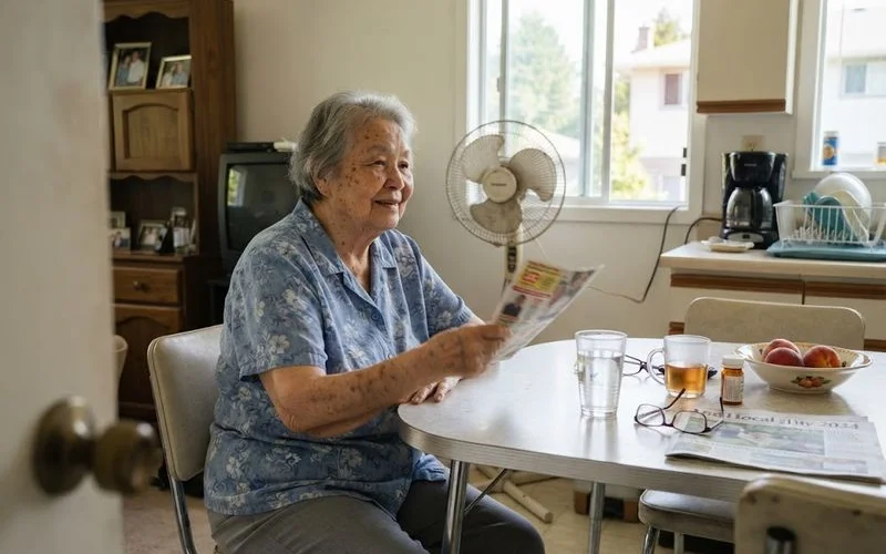 An adult child checking in on an elderly parent in a cool, comfortable living room during a hot day