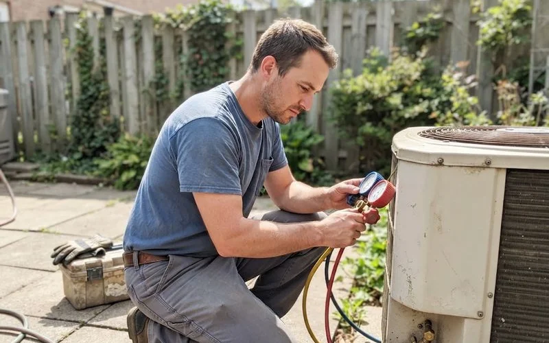 A technician using pressure gauges to check refrigerant levels on an outdoor air conditioning unit