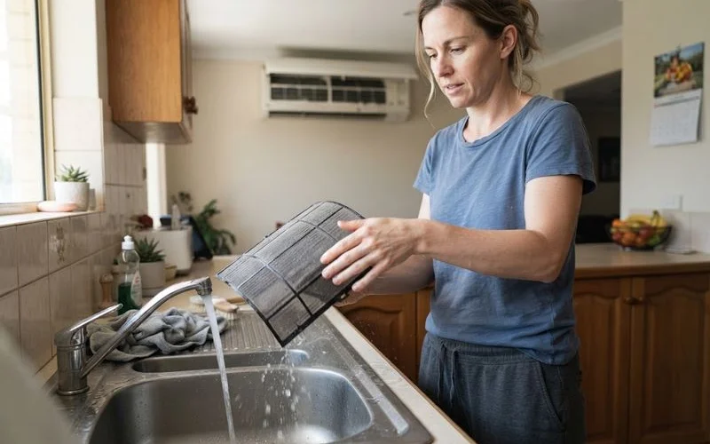 A close-up of a clean air conditioning filter being reinstalled into an indoor unit after a routine home clean