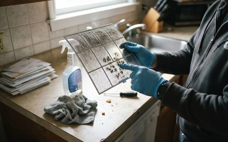 A technician inspecting an air conditioning filter and evaporator coil for signs of mould or dust buildup