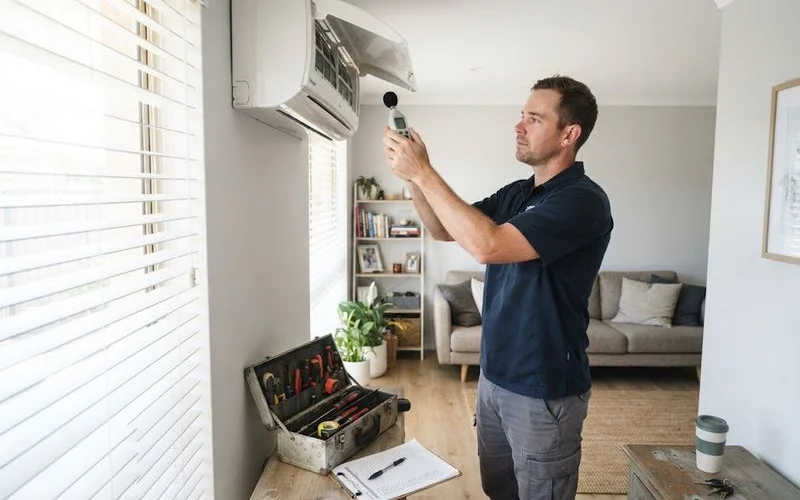 A technician checking an outdoor air conditioning unit as part of a pre-summer service in Perth