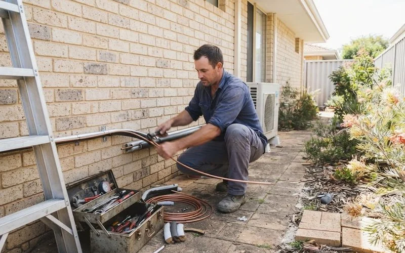 An installer running refrigerant lines and cabling through an exterior wall duct on a Perth home
