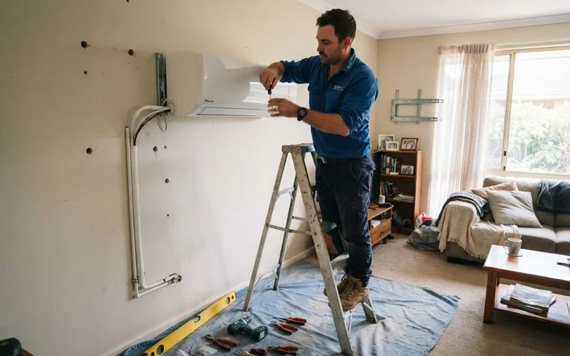 A split system air conditioning unit being mounted on an interior wall by a technician in a Perth home