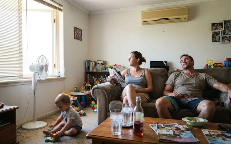 A family using fans and staying in a shaded room during a hot day while waiting for an air conditioning repair